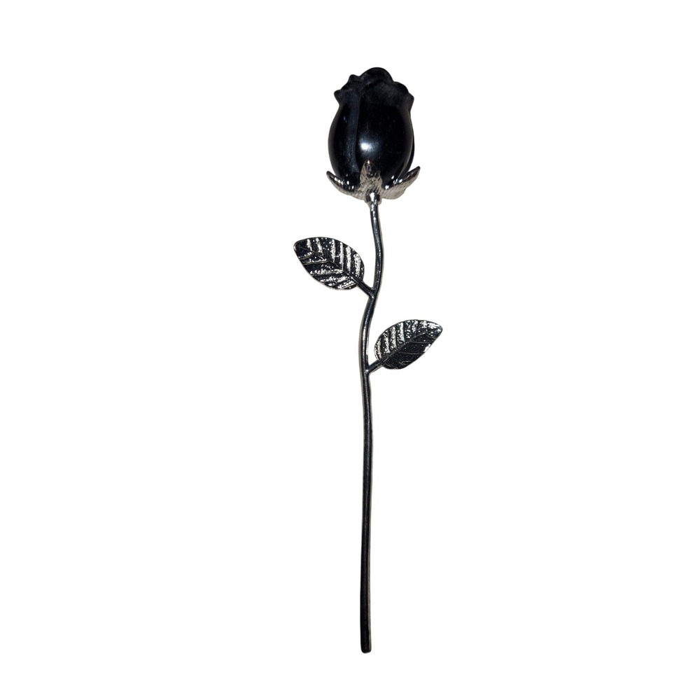 Black Rose Long Stem Metal Figurine Gothic Dark Romance Decor 6.5 Inch